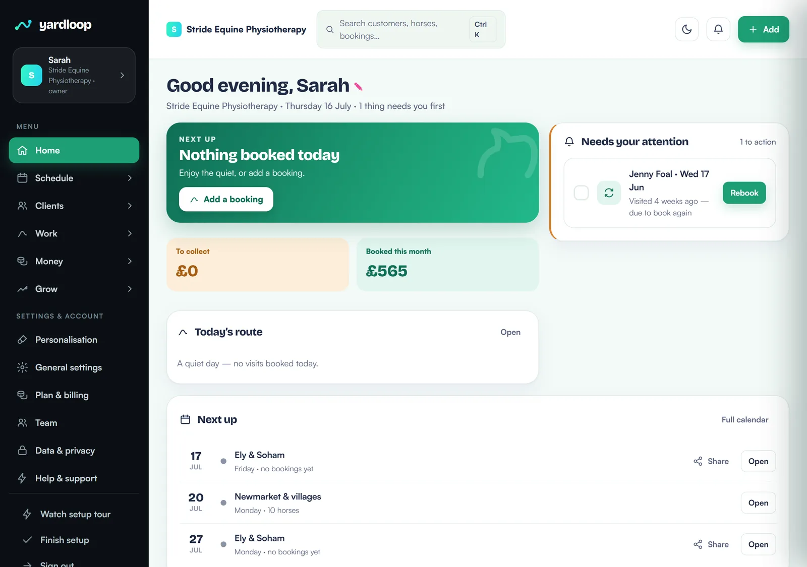 The YardLoop admin dashboard: your whole working day, route and bookings in one calm place