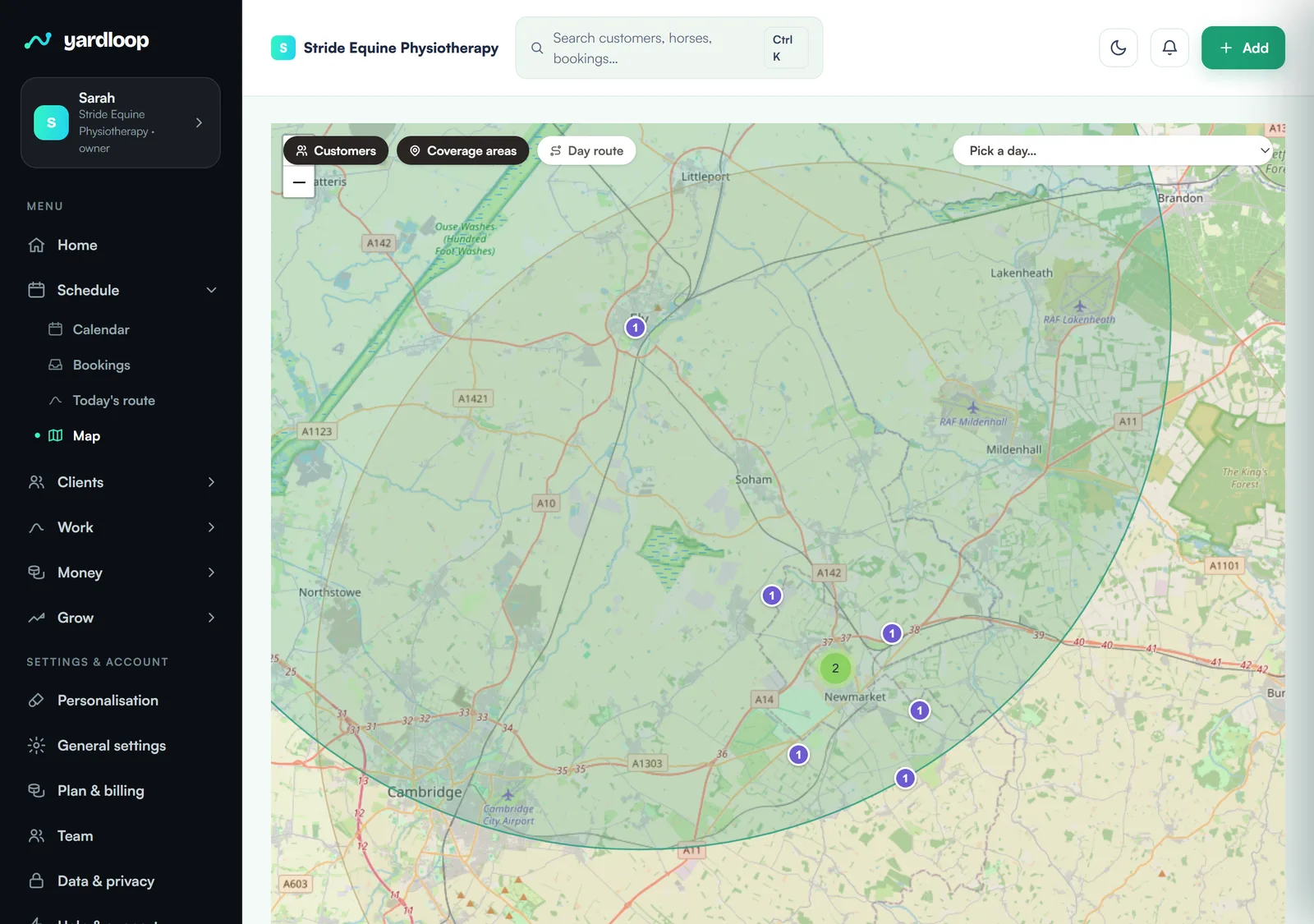The YardLoop map: your whole patch and every customer on it, with day routes and coverage areas a tap away