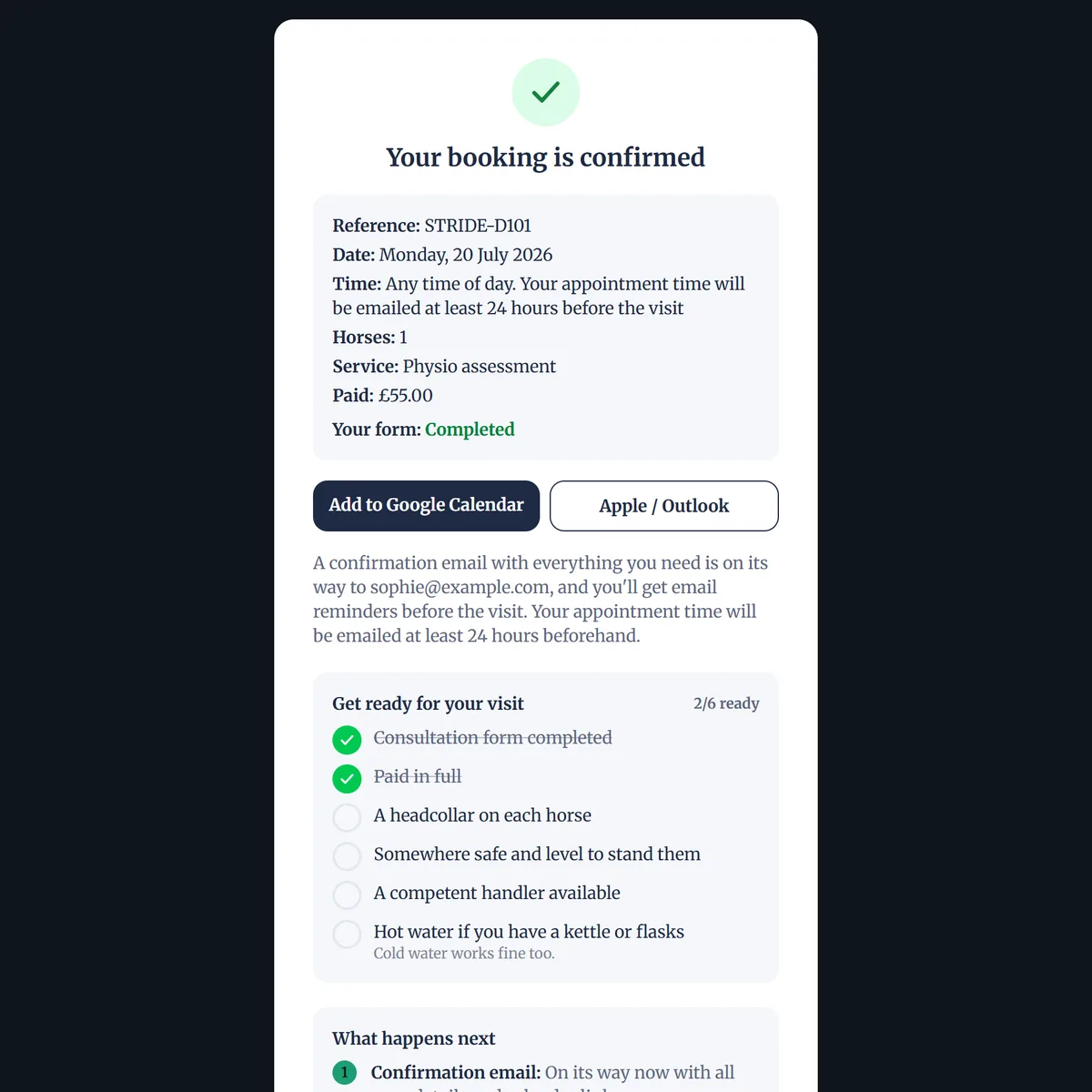 A booking confirmed screen: paid securely through the pro's own Stripe account, with a get-ready checklist for the visit